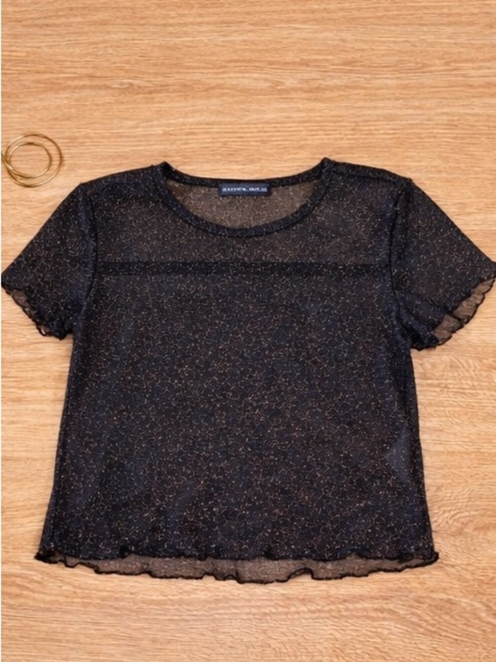 Brandy Melville Black Sheer Mesh Tee with Gold Sparkle